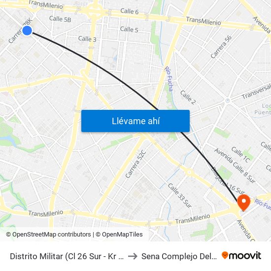 Distrito Militar (Cl 26 Sur - Kr 78h) to Sena Complejo Del Sur map