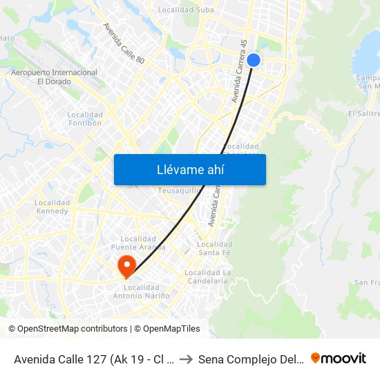 Avenida Calle 127 (Ak 19 - Cl 123) to Sena Complejo Del Sur map
