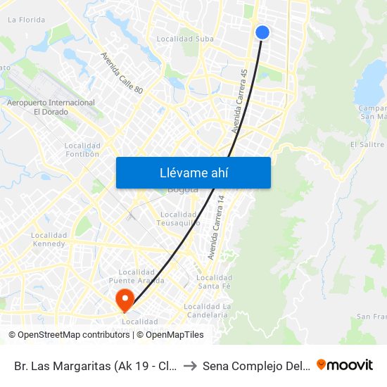Br. Las Margaritas (Ak 19 - Cl 150) to Sena Complejo Del Sur map