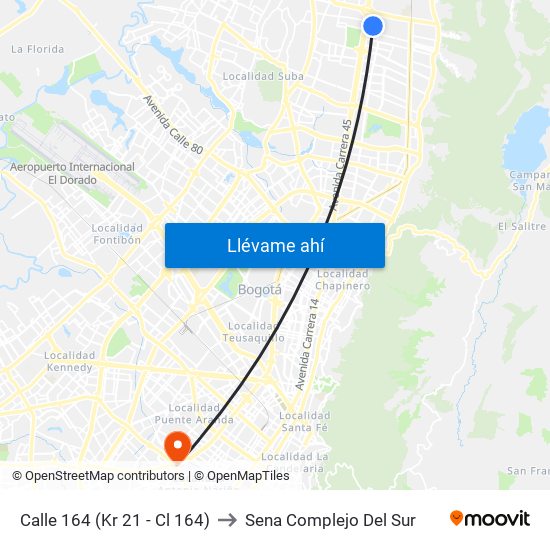 Calle 164 (Kr 21 - Cl 164) to Sena Complejo Del Sur map