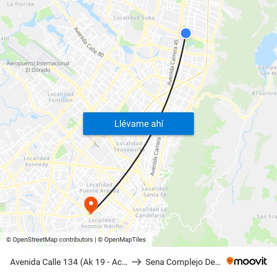 Avenida Calle 134 (Ak 19 - Ac 134) to Sena Complejo Del Sur map