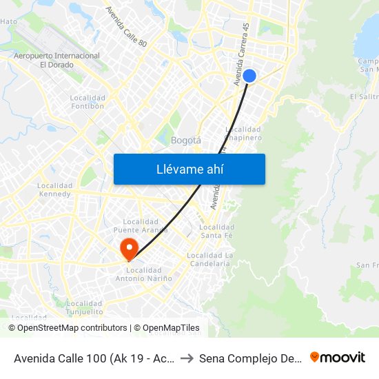 Avenida Calle 100 (Ak 19 - Ac 100) to Sena Complejo Del Sur map