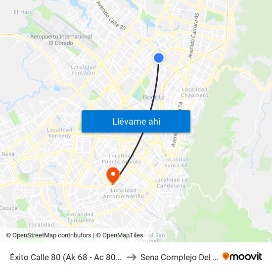 Éxito Calle 80 (Ak 68 - Ac 80) (A) to Sena Complejo Del Sur map