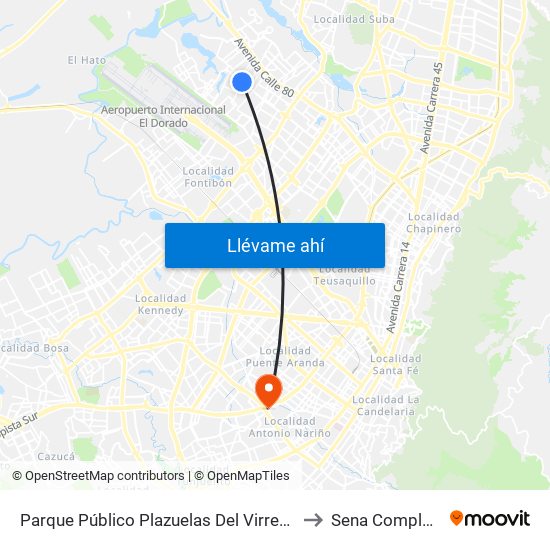 Parque Público Plazuelas Del Virrey (Ac 72 - Kr 105h) (A) to Sena Complejo Del Sur map