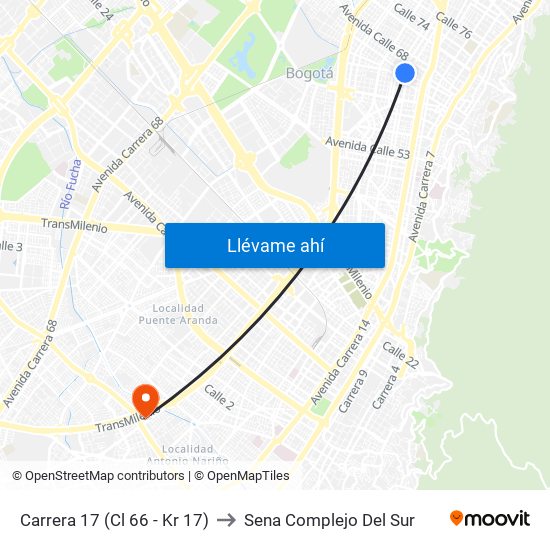 Carrera 17 (Cl 66 - Kr 17) to Sena Complejo Del Sur map