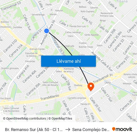 Br. Remanso Sur (Ak 50 - Cl 17 Sur) to Sena Complejo Del Sur map