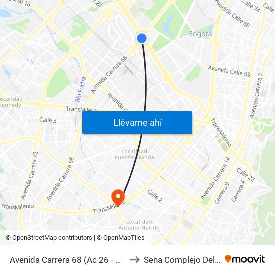 Avenida Carrera 68 (Ac 26 - Kr 68) to Sena Complejo Del Sur map