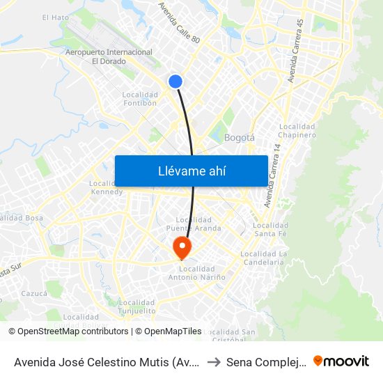 Avenida José Celestino Mutis (Av. C. De Cali - Ac 63) to Sena Complejo Del Sur map