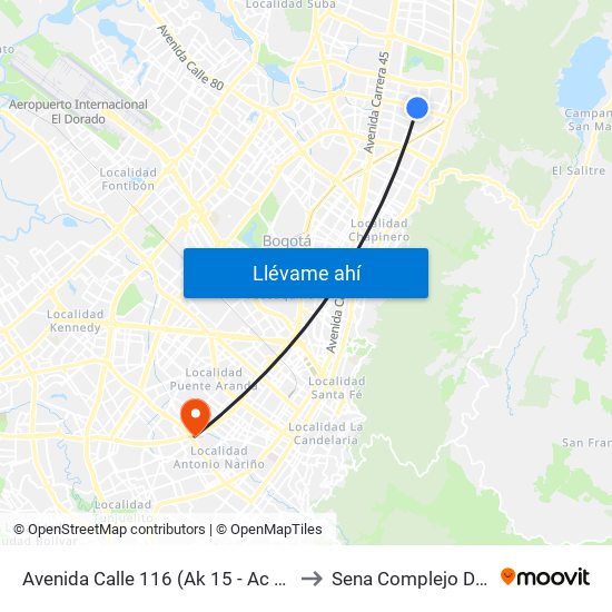 Avenida Calle 116 (Ak 15 - Ac 116) (A) to Sena Complejo Del Sur map