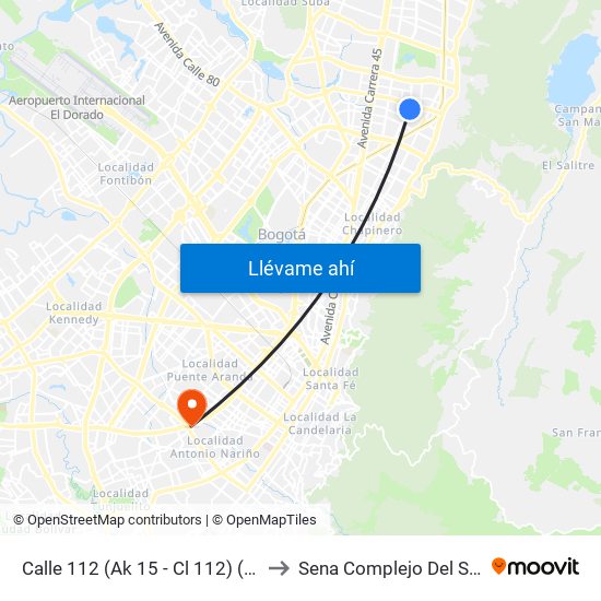 Calle 112 (Ak 15 - Cl 112) (A) to Sena Complejo Del Sur map