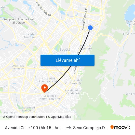 Avenida Calle 100 (Ak 15 - Ac 100) (A) to Sena Complejo Del Sur map