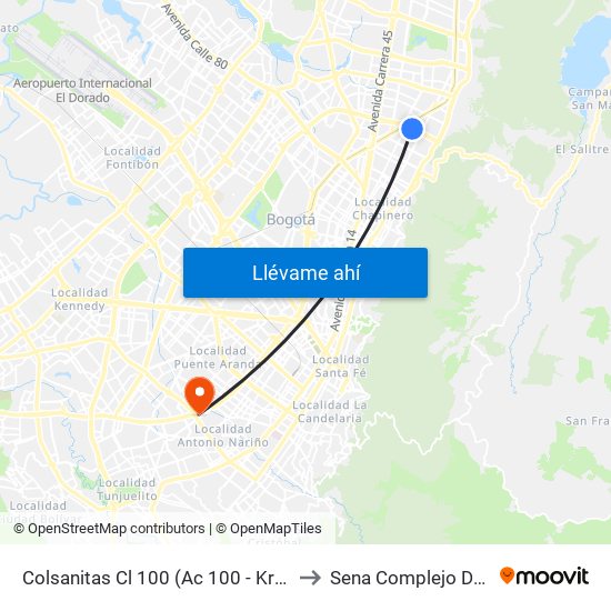 Colsanitas Cl 100 (Ac 100 - Kr 14) (C) to Sena Complejo Del Sur map