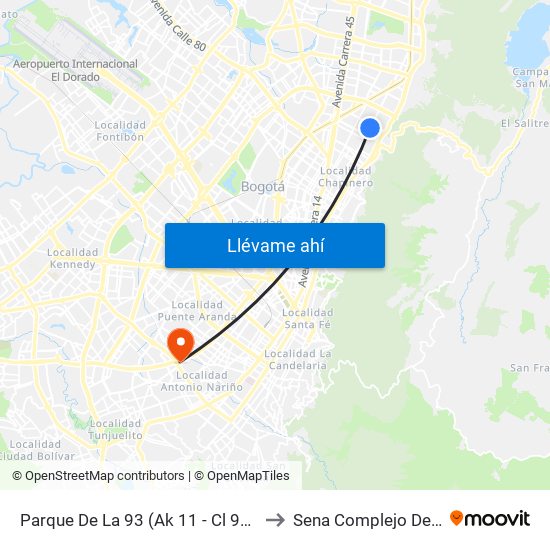 Parque De La 93 (Ak 11 - Cl 93a) (A) to Sena Complejo Del Sur map