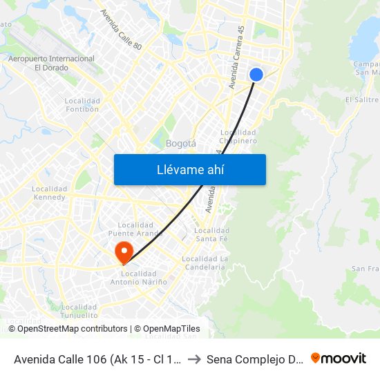 Avenida Calle 106 (Ak 15 - Cl 105a) (A) to Sena Complejo Del Sur map