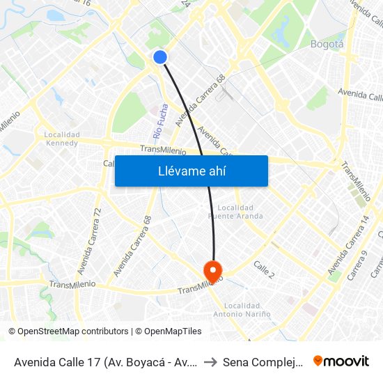 Avenida Calle 17 (Av. Boyacá - Av. Centenario) (A) to Sena Complejo Del Sur map