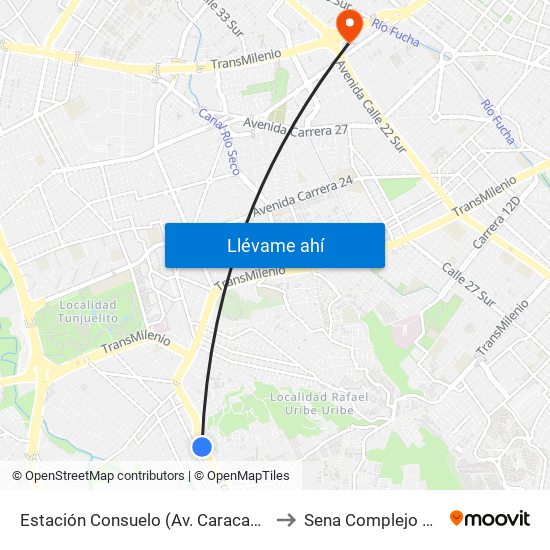 Estación Consuelo (Av. Caracas - Kr 12a) to Sena Complejo Del Sur map
