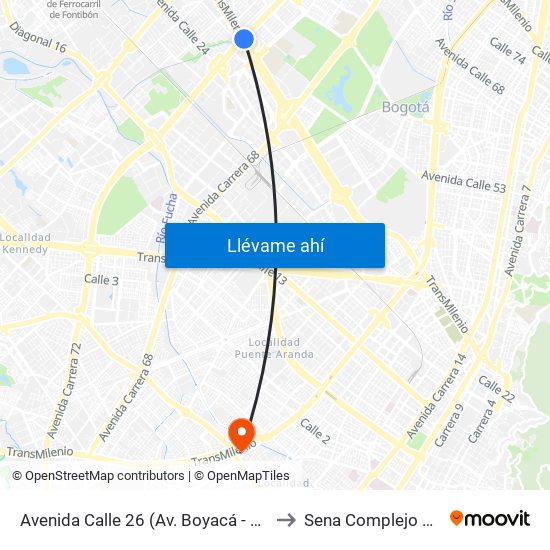 Avenida Calle 26 (Av. Boyacá - Ac 26) (A) to Sena Complejo Del Sur map
