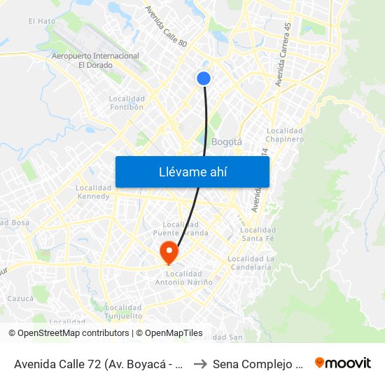 Avenida Calle 72 (Av. Boyacá - Ac 72) (A) to Sena Complejo Del Sur map