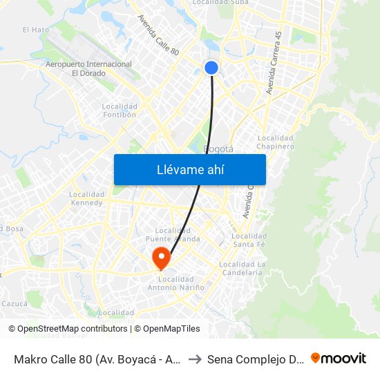 Makro Calle 80 (Av. Boyacá - Ac 80) (A) to Sena Complejo Del Sur map