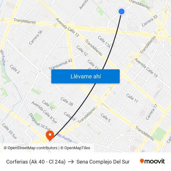 Corferias (Ak 40 - Cl 24a) to Sena Complejo Del Sur map