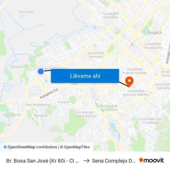 Br. Bosa San José (Kr 80i - Cl 85b Sur) to Sena Complejo Del Sur map