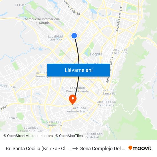 Br. Santa Cecilia (Kr 77a - Cl 55) to Sena Complejo Del Sur map