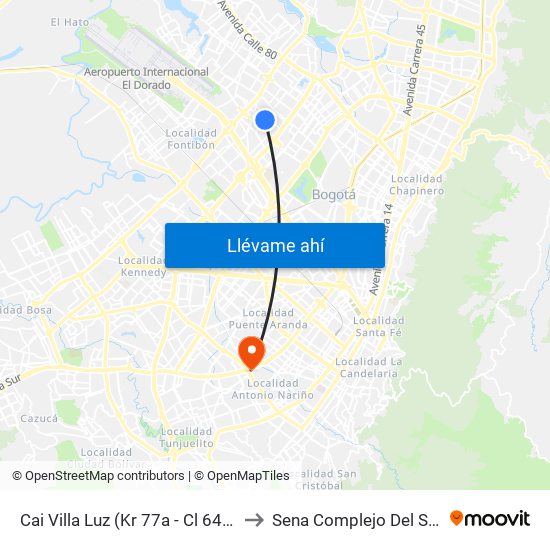 Cai Villa Luz (Kr 77a - Cl 64b) to Sena Complejo Del Sur map
