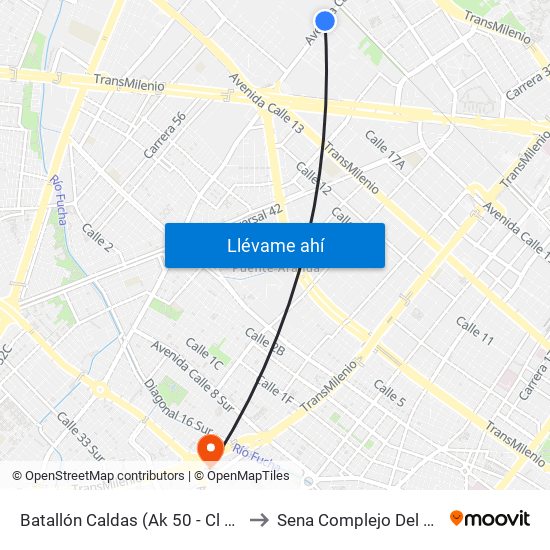 Batallón Caldas (Ak 50 - Cl 19) to Sena Complejo Del Sur map