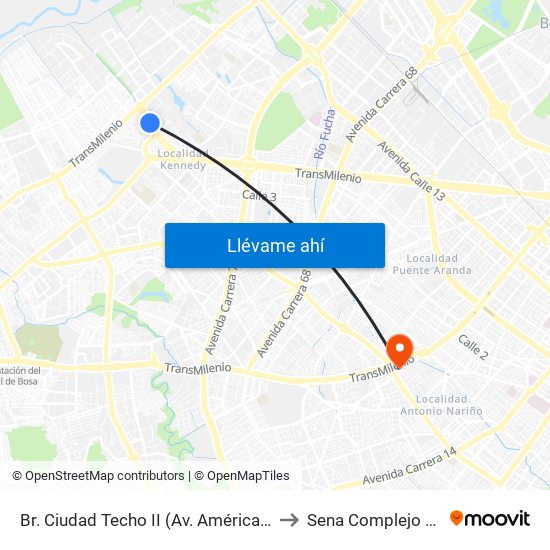 Br. Ciudad Techo II (Av. Américas - Kr 82a) to Sena Complejo Del Sur map