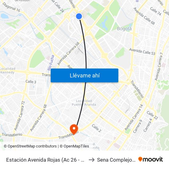 Estación Avenida Rojas (Ac 26 - Kr 69d Bis) (A) to Sena Complejo Del Sur map