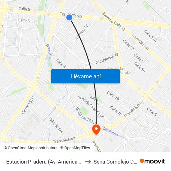 Estación Pradera (Av. Américas - Kr 65) to Sena Complejo Del Sur map