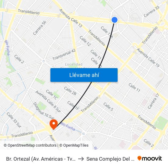 Br. Ortezal (Av. Américas - Tv 39) to Sena Complejo Del Sur map