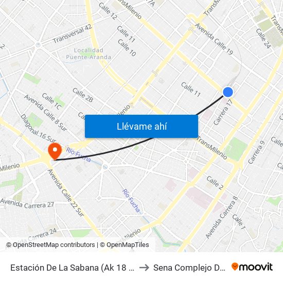 Estación De La Sabana (Ak 18 - Ac 13) to Sena Complejo Del Sur map