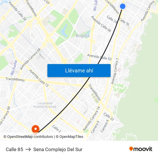 Calle 85 to Sena Complejo Del Sur map