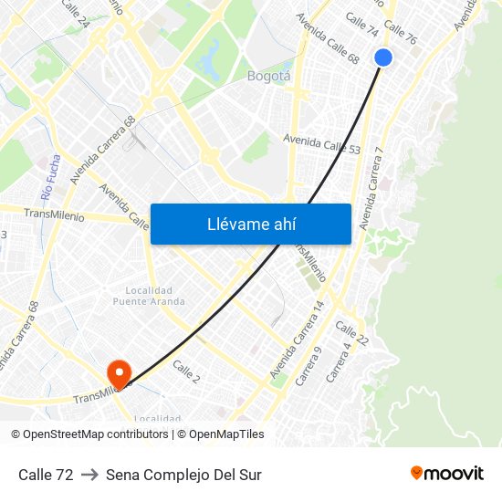 Calle 72 to Sena Complejo Del Sur map
