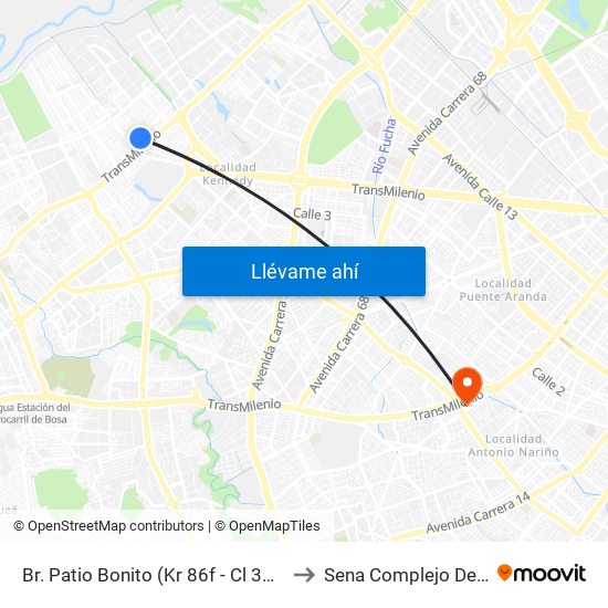 Br. Patio Bonito (Kr 86f - Cl 35b Sur) to Sena Complejo Del Sur map