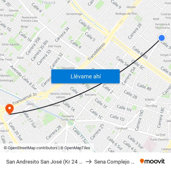 San Andresito San José (Kr 24 - Cl 9) (B) to Sena Complejo Del Sur map