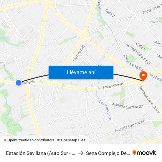 Estación Sevillana (Auto Sur - Kr 57) to Sena Complejo Del Sur map