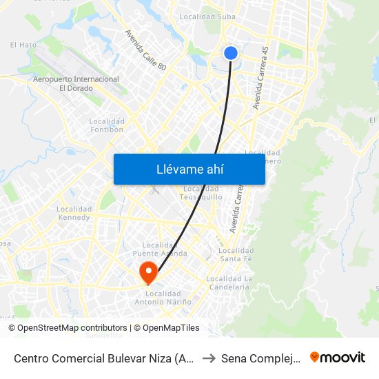 Centro Comercial Bulevar Niza (Ac 127 - Av. Suba) to Sena Complejo Del Sur map