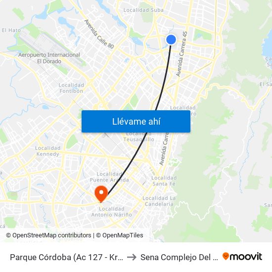 Parque Córdoba (Ac 127 - Kr 54) to Sena Complejo Del Sur map