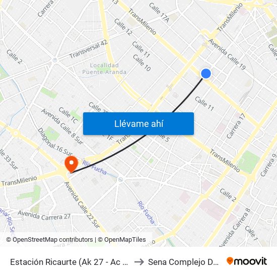 Estación Ricaurte (Ak 27 - Ac 13) (B) to Sena Complejo Del Sur map