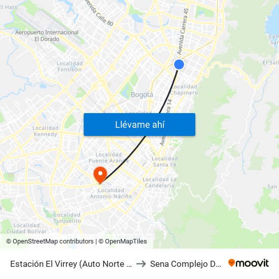 Estación El Virrey (Auto Norte - Cl 88) to Sena Complejo Del Sur map