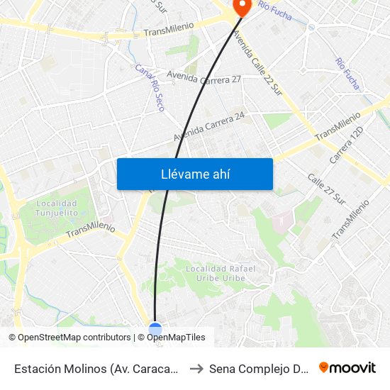 Estación Molinos (Av. Caracas - Kr 7) to Sena Complejo Del Sur map