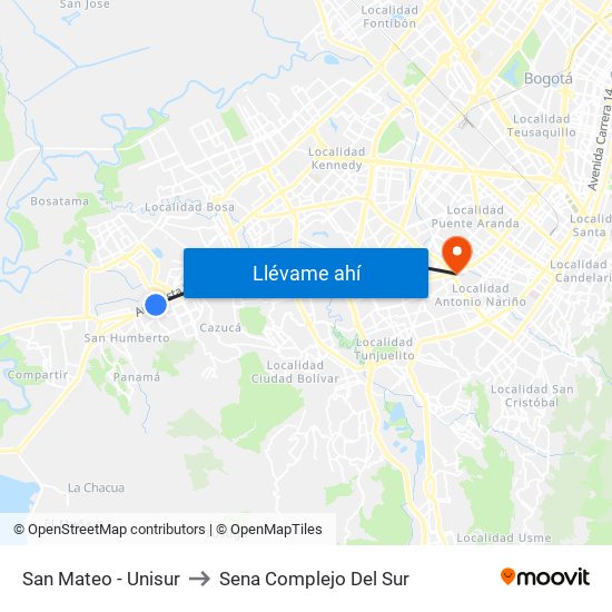 San Mateo - Unisur to Sena Complejo Del Sur map