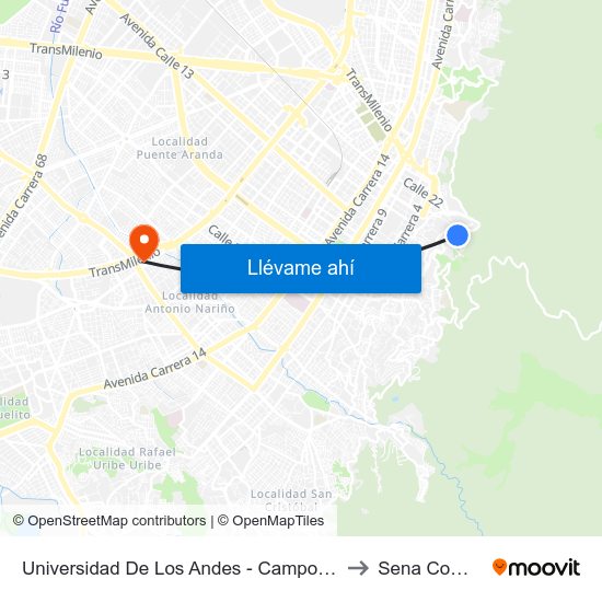 Universidad De Los Andes - Campo Deportivo (Av. Circunvalar - Cl 18) to Sena Complejo Del Sur map