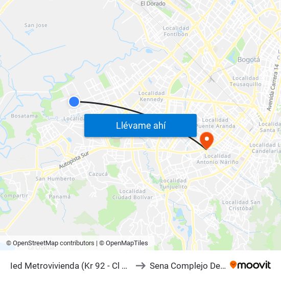 Ied Metrovivienda (Kr 92 - Cl 72 Sur) to Sena Complejo Del Sur map