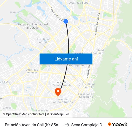 Estación Avenida Cali (Kr 85a - Ac 80) to Sena Complejo Del Sur map