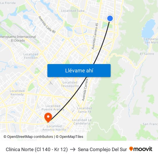 Clínica Norte (Cl 140 - Kr 12) to Sena Complejo Del Sur map