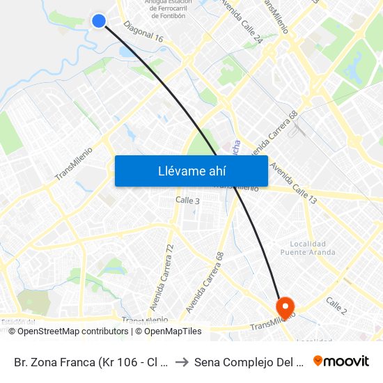 Br. Zona Franca (Kr 106 - Cl 14) to Sena Complejo Del Sur map