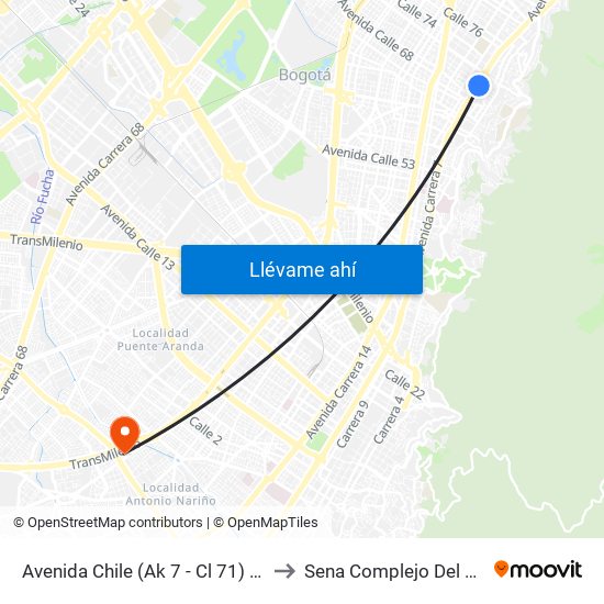 Avenida Chile (Ak 7 - Cl 71) (A) to Sena Complejo Del Sur map